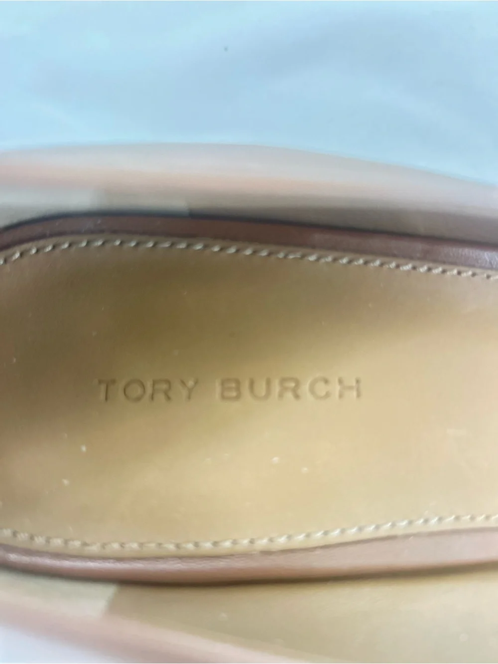 Tory Burch Royal Tan Leather Block Heel Pumps with Gold Logo